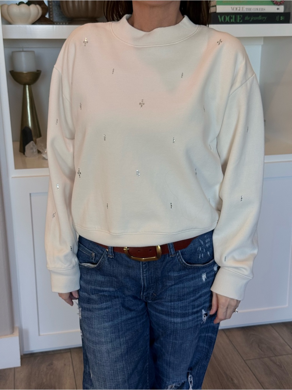 Cream Embellished Sweatshirt with Subtle Sparkling Studs